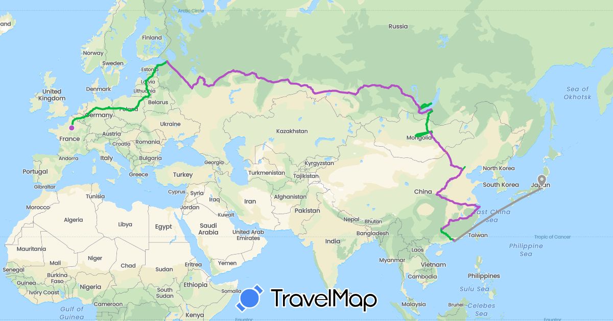 TravelMap itinerary: bus, plane, train, hitchhiking in China, Germany, Estonia, France, Hong Kong, Japan, Lithuania, Latvia, Mongolia, Russia (Asia, Europe)