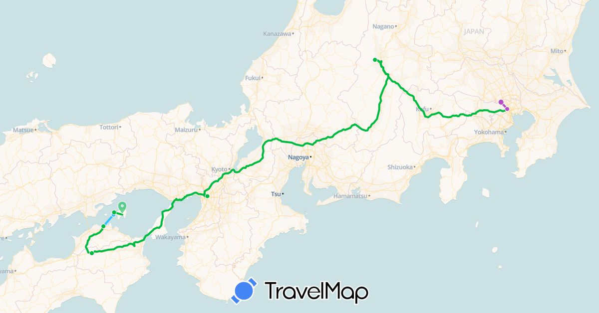 TravelMap itinerary: bus, train, boat in Japan (Asia)